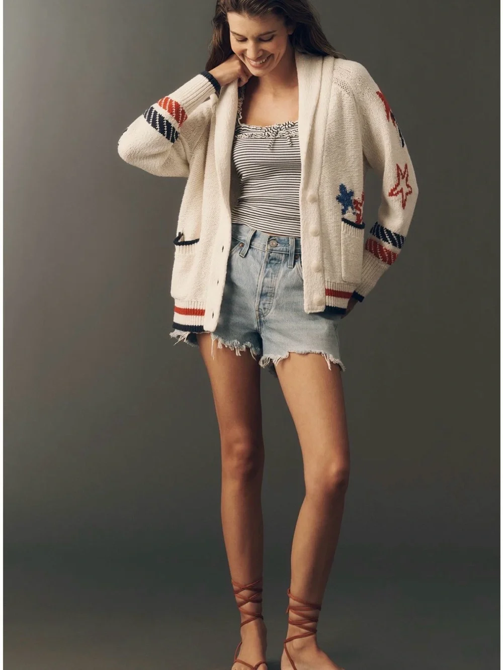 NWT Anthropologie Cream Nautical Sailboat Red & Blue Stars Cozy Cardigan SZ XS - Picture 3 of 16